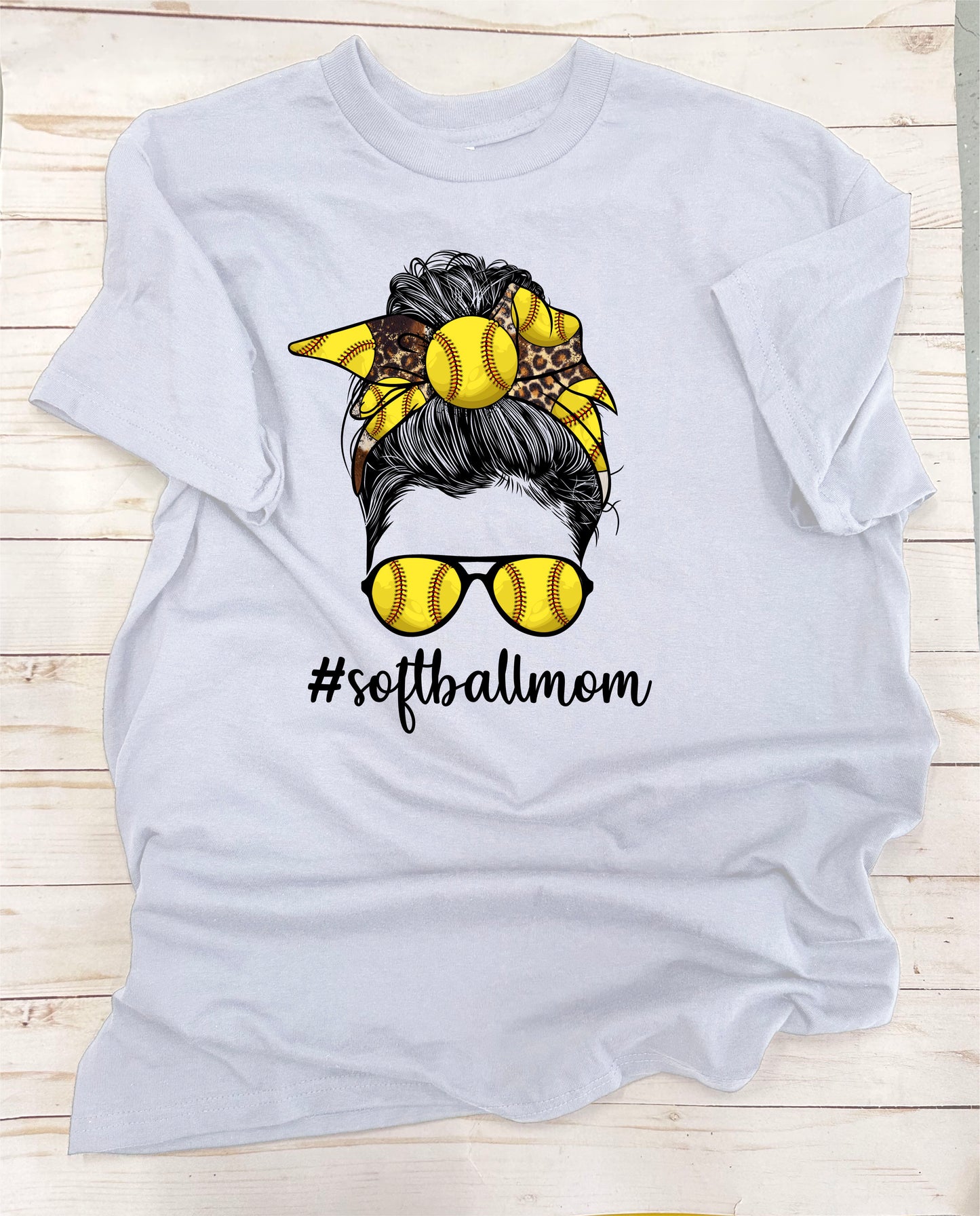 Messy Bun Softball Mom. Full Color, Short Sleeve T-Shirt