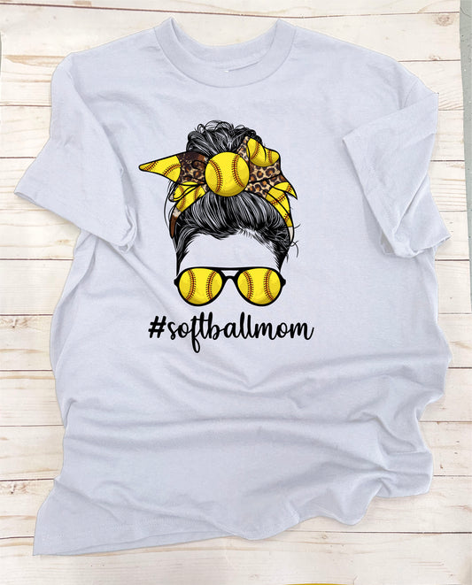 Messy Bun Softball Mom. Full Color, Short Sleeve T-Shirt